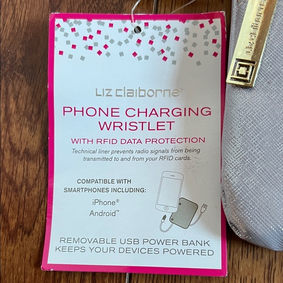 NWT Liz Claiborne Metallic Silver Phone Charging Wristlet with Tassel - Picture 2 of 9